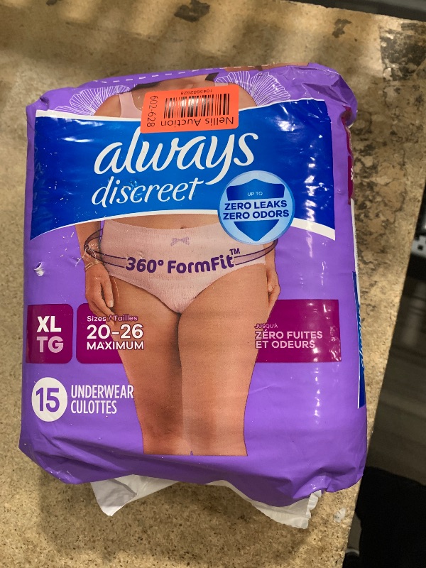Photo 1 of Always Discreet Adult Incontinence & Postpartum Underwear for Women, Classic Cut, Size X-Large, Maximum Absorbency, Disposable, 15 Count (Pack of 1) (Packaging May Vary)