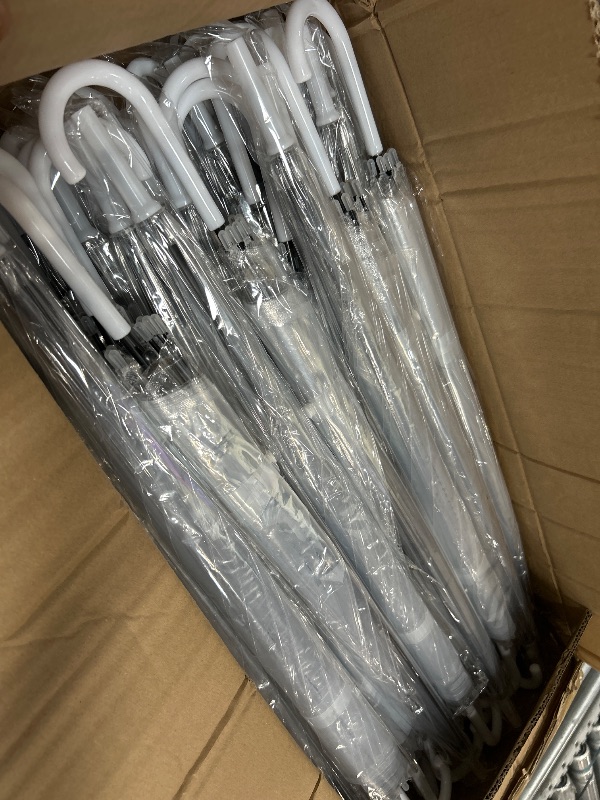 Photo 1 of 60 Pack Clear Wedding Umbrellas Bulk Transparent Auto Open Stick Umbrellas Windproof Waterproof Large Canopy Umbrella with White European J Hook Handle for Wedding Bride Groom Photography Golf Outdoor