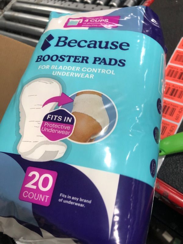 Photo 1 of Because Premium Incontinence Booster Pads for Men and Women, Adds 4 Cups Extra Absorbency to Adult Diapers, Super Soft, Adhesive Strip Backing, Unisex, 20 Count