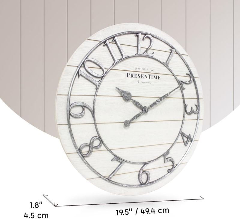 Photo 1 of (NO BATTERY) (UNTESTED) Presentime & Co Classic Farmhouse Shiplap Clock, 19.5 inch, Galvanized Finish Arabic Numerals with White Shiplap Style. Large Farmhouse Decor for Living Room, Entryway, Home Office. Wall Décor