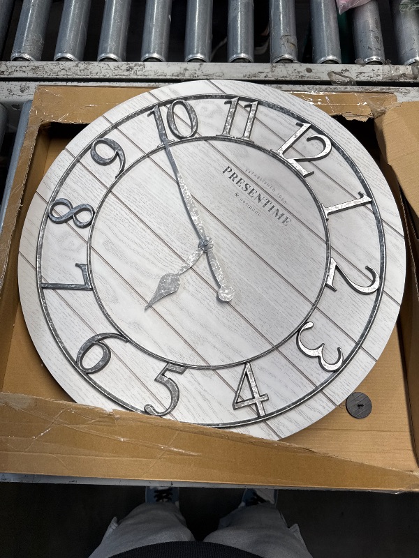 Photo 1 of (NO BATTERY) (UNTESTED) Presentime & Co Classic Farmhouse Shiplap Clock, 19.5 inch, Galvanized Finish Arabic Numerals with White Shiplap Style. Large Farmhouse Decor for Living Room, Entryway, Home Office. Wall Décor