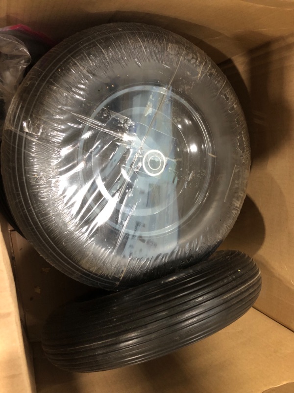 Photo 1 of (2-PACK) 4.80/4.00-8" Tire and Wheel - Universal Fit 16" Flat Free Solid Wheelbarrow Tires with 3" Hub and 5/8" Bearings – Extra Adapter kit includes 3/4" Ball Bearings, 1" and 1/2" Nylon Spacers