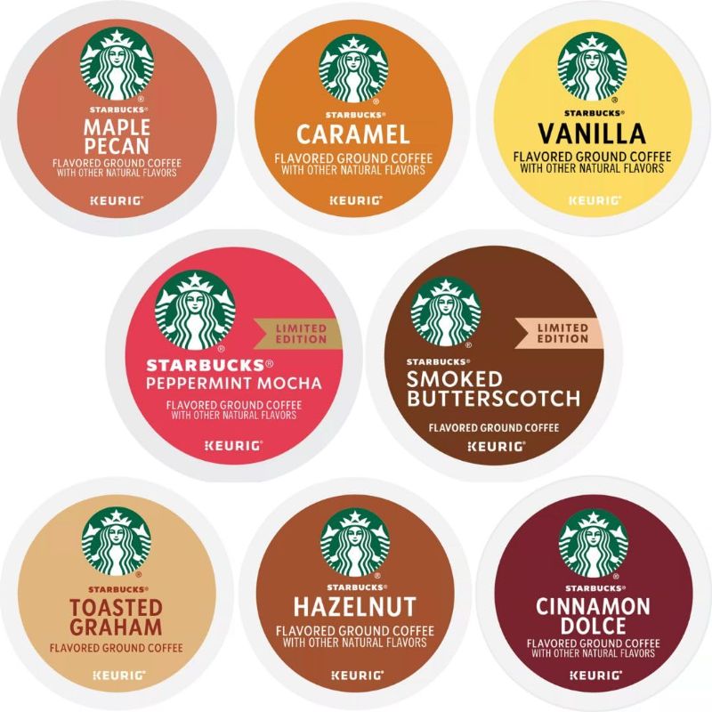 Photo 1 of 
Starbucks K-Cups Flavored Sampler Includes Caramel, Hazelnut, Cinnamon Dolce, Smoked Butterscotch, Vanilla, Maple Pecan, Graham And Peppermint Mocha
