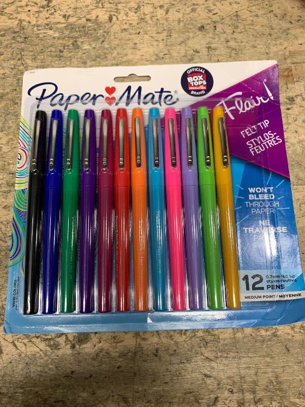 Photo 1 of Paper Mate Flair Felt Tip Pens, Medium Point (0.7mm), Assorted Colors, 1 Pack of 12