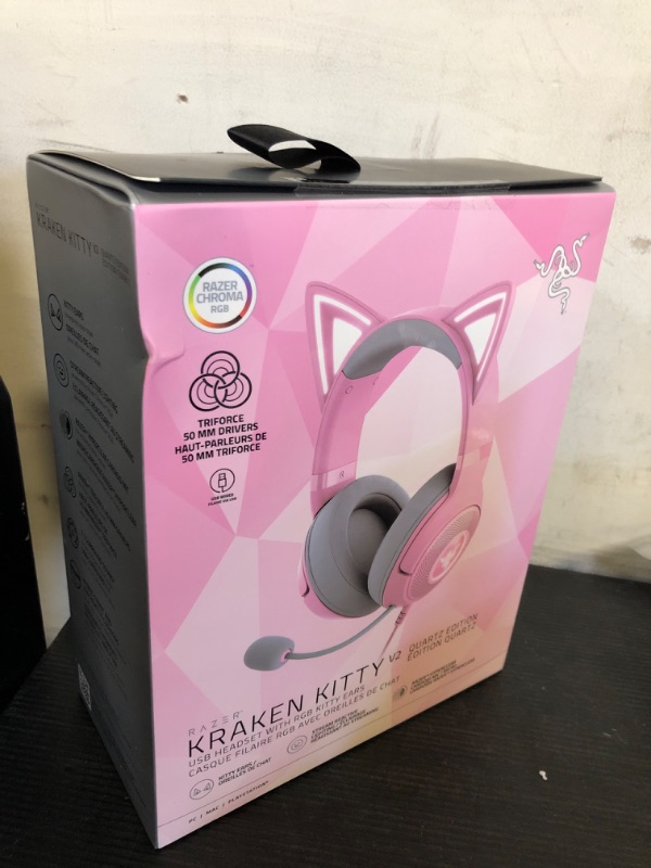Photo 1 of Razer Kraken Kitty V2 USB Wired Headset: Chroma RGB Kitty Ears - Stream Reactive Lighting - HyperClear Cardioid Mic - 40 mm Drivers - 7.1 Surround Sound - Comfortable Ear Cushions - Quartz Pink