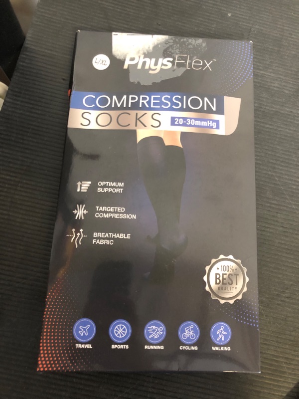 Photo 1 of PhysFlex Compression Socks for Women and Men - Best Support for Running, Flying, Pregnancy - Knee High Graduated Compression Stockings (Black, L/XL)