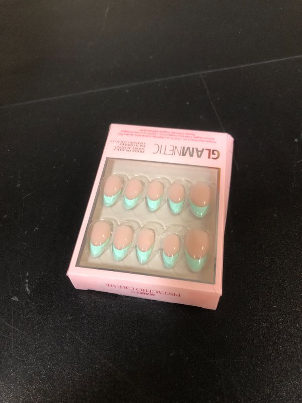 Photo 1 of Glamnetic Press On Nails - Pistachio Crème | Short Almond Mint Blue French Tips with a Glossy Finish, Fake Nails, Reusable | 15 Sizes - 30 Nail Kit with Glue