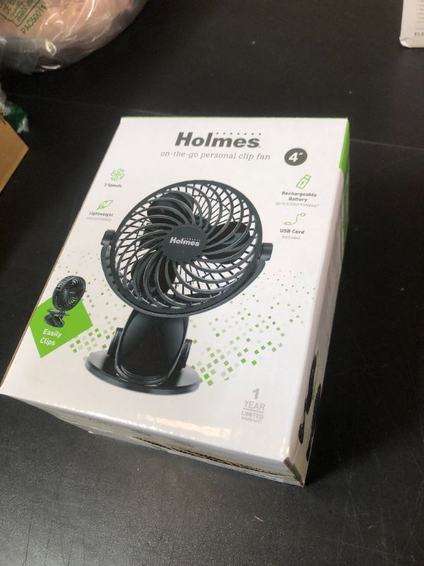 Photo 1 of Holmes 4” On-The-Go Personal Fan with Clip – 3 Speed Settings, 360° Rotation, Rechargeable Battery, USB-C Charging, Compact & Portable Design, Black – Ideal for Desks & Personal Spaces