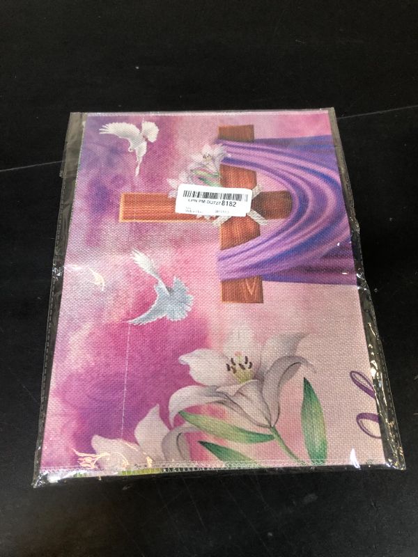 Photo 1 of 12 x 18 Inches "He is Risen" Easter Garden Flag Decorations - Double Sided Vertical Religious Cross Outdoor Decor, Purple Lilies Resurrection Theme Yard Flag for Home Church Easter Day Party Supplies