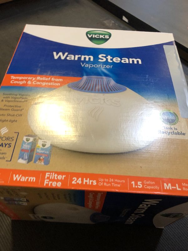Photo 1 of Vicks Warm Steam Vaporizer, Small to Medium Rooms, 1.5 Gallon Tank – Warm Mist Humidifier for Baby and Kids Rooms with Night Light, Works with Vicks VapoPads and VapoSteam