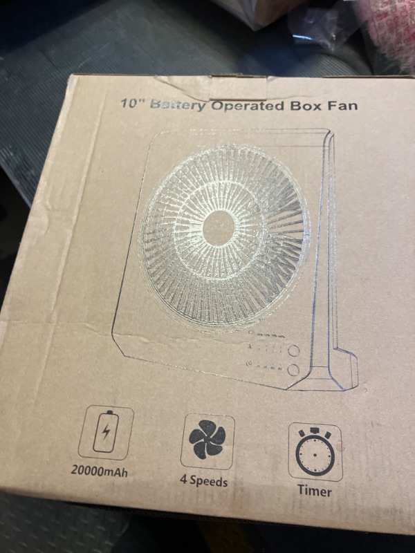 Photo 1 of 10Inch Portable Small Box Fan, 20000mAh Rechargeable Battery Operated, Max 55Hrs Cooling, 4 Speeds, 270° Pivoting, Cordless Square Table Fan with Timer for Window Bedroom Kitchen Office Power Outage