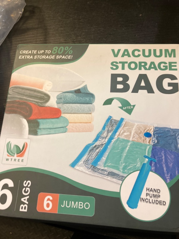 Photo 1 of WTREE Vacuum Storage Bags, Space Saver Bags, Vacuum Sealed Bags for Comforters, Blankets, Clothes Storage, Hand Pump Included, 6-Jumbo