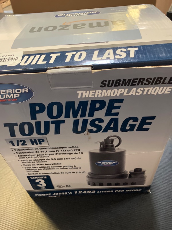 Photo 1 of Superior Pump 91570 3300GPH Thermoplastic Submersible Utility Pump with 10-Foot Cord, 1/2 HP