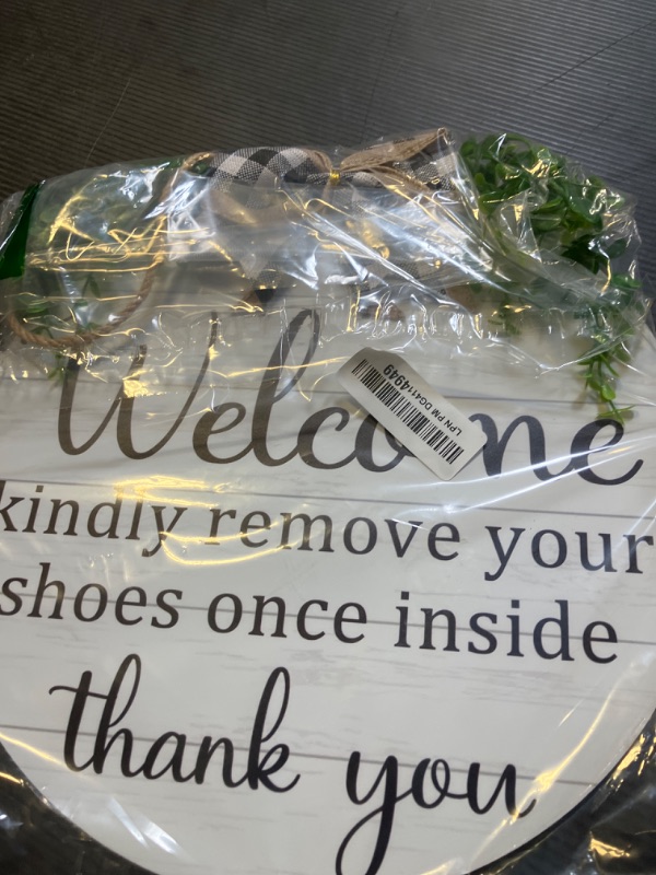 Photo 1 of Welcome, Please Remove Your Shoes Sign - Solid Wood Hanging Plaque with Rope, Polite Message - Dark Wood, Protective Coating for Outdoor use - Rustic Entryway, Porch, Door Hanger