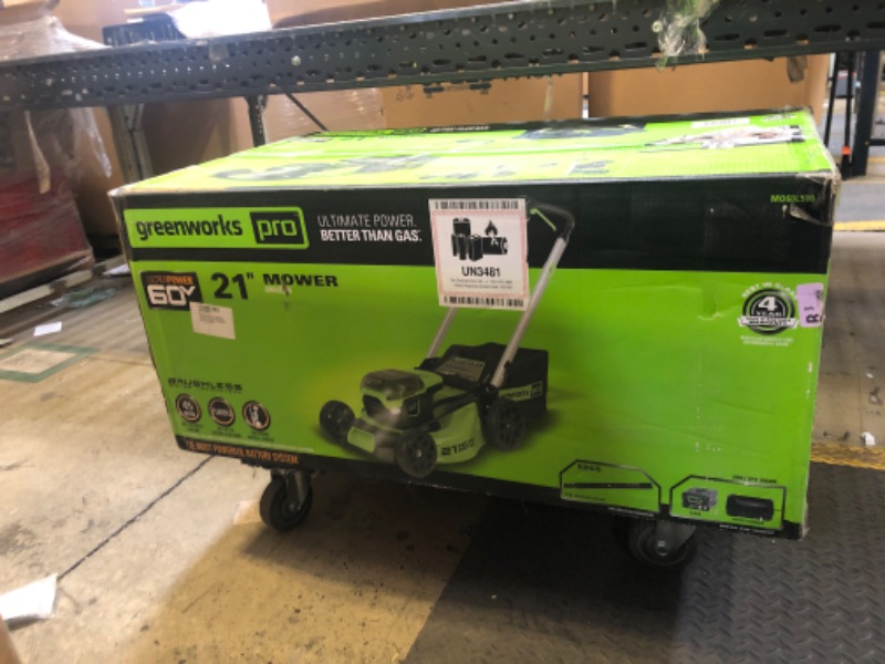 Photo 1 of Greenworks 60V 21” Cordless (Push) Lawn Mower (LED Lights + Aluminum Handles), 5.0Ah Battery and Rapid Charger