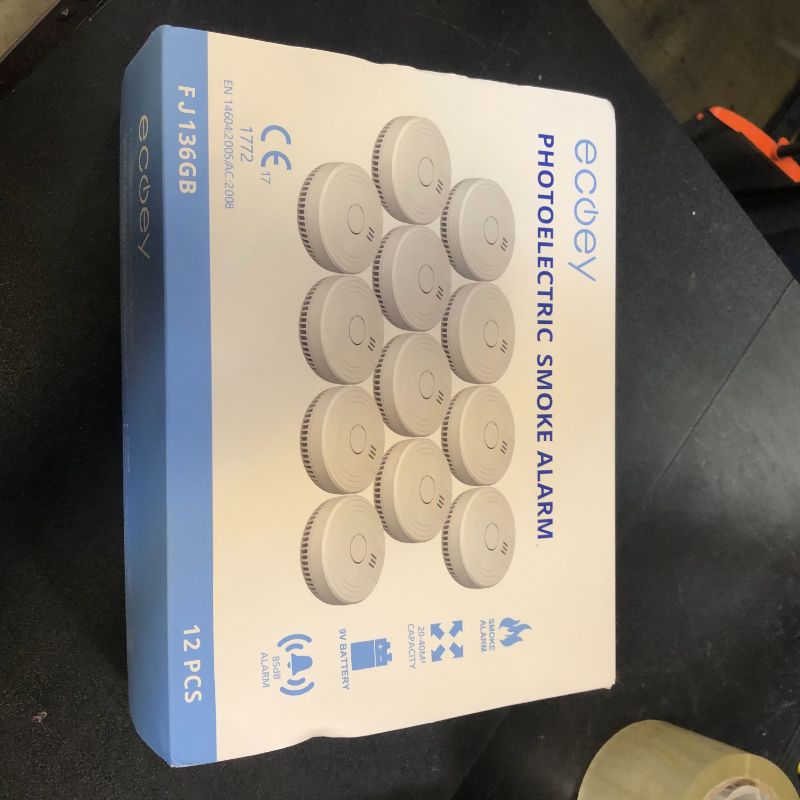 Photo 1 of Ecoey  Alarm Fire Detector, Battery Included Photoelectric Smoke Detector with Test Button and Low Battery Signal, Small Fire Alarm for Home, Bedroom FJ136GB, 12 Packs