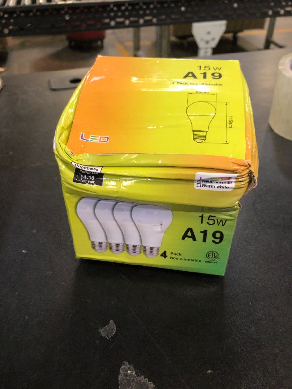 Photo 1 of YAOHENG A19 LED Light Bulb, 100 Watt Equivalent LED Bulbs, 4000K Neutral White, 1500 Lumens, Standard E26 Base, Non-Dimmable, 15W Super Bright Light Bulbs for Home, Office Lamp, ETL Listed(4-Pack)