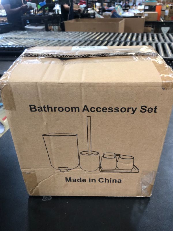 Photo 1 of GAHEFY White Bathroom Accessories Set with Small Trash Can 3 Liter/0.8 Gallon,Toothbrush Holder,Soap Dispenser,Vanity Tray,Toilet Brush and Holder White 5PCS