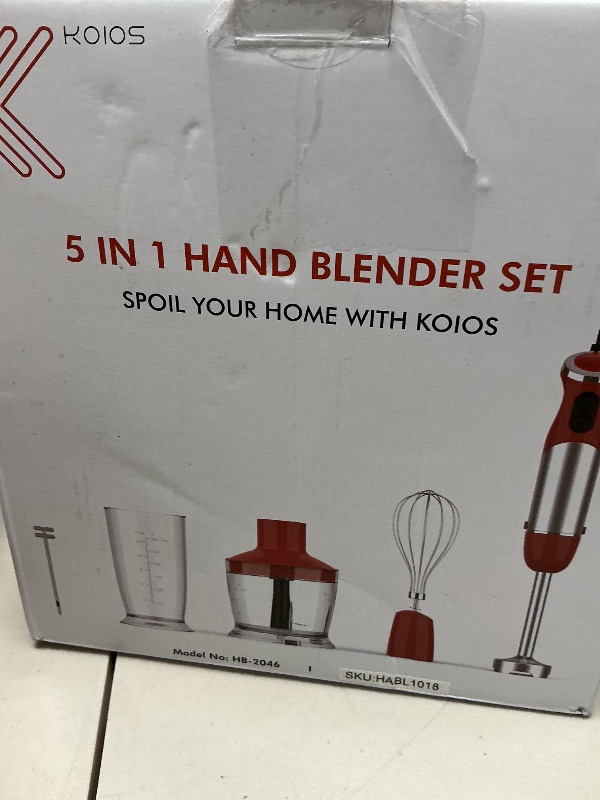 Photo 1 of KOIOS 5-in-1 Hand Immersion Blender, 1000W 12 Speed Handheld Blender Stick with Copper Motor Stainless Steel Blade, 600ml Mixing Beaker,500ml Food Processor, Whisk, Milk Frother, Non-BPA, Red