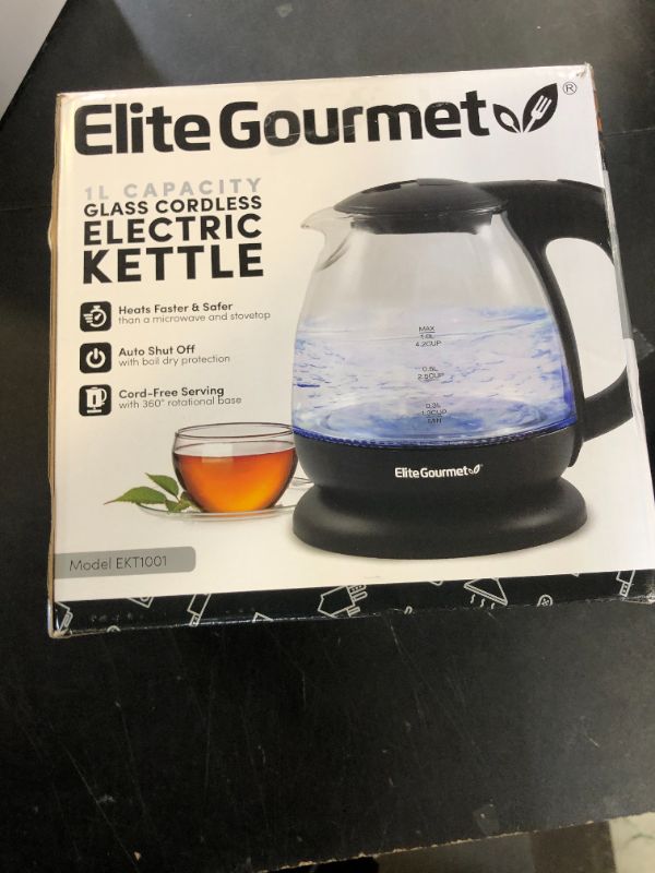 Photo 1 of Elite Gourmet EKT1001 Electric 1.0L BPA-Free 1100W Glass Kettle Cordless 360° Base, Stylish Blue LED Interior, Handy Auto Shut-Off Function – Quickly Boil Water For Tea & More, Black