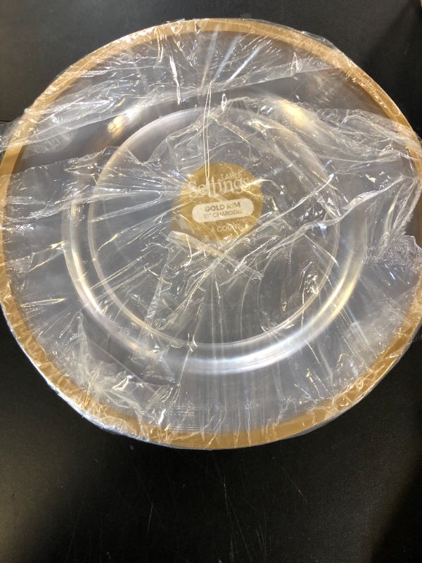 Photo 1 of PARTY BARGAINS 13-Inch Charger Plates - 16 Pack, Clear Gold Rim, Heavy-Duty Disposable Chargers for Elegant Dining - Ideal for Weddings and Formal Events
