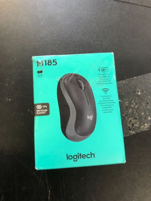 Photo 1 of Logitech M185 Wireless Mouse, 2.4GHz with USB Mini Receiver, 12-Month Battery Life, 1000 DPI Optical Tracking, Ambidextrous PC/Mac/Laptop - Swift Grey