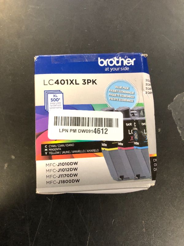 Photo 1 of Brother Genuine LC401XL 3PK High Yield 3-Pack Color -Ink -Cartridges Includes 1- -Cartridge Each of Cyan, Magenta and Yellow -Ink.
