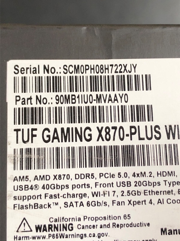 Photo 2 of ASUS TUF Gaming X870-PLUS WiFi AMD AM5 X870 ATX Motherboard, 16+2+1, 80A SPS Power Stages, DDR5, PCIe 5.0 Ready, Four M.2 Slots, Wi-Fi 7, 2.5Gb LAN, HDMI, USB4® 40Gbps, SATA 6 Gbps, USB 20Gbps Type-C
