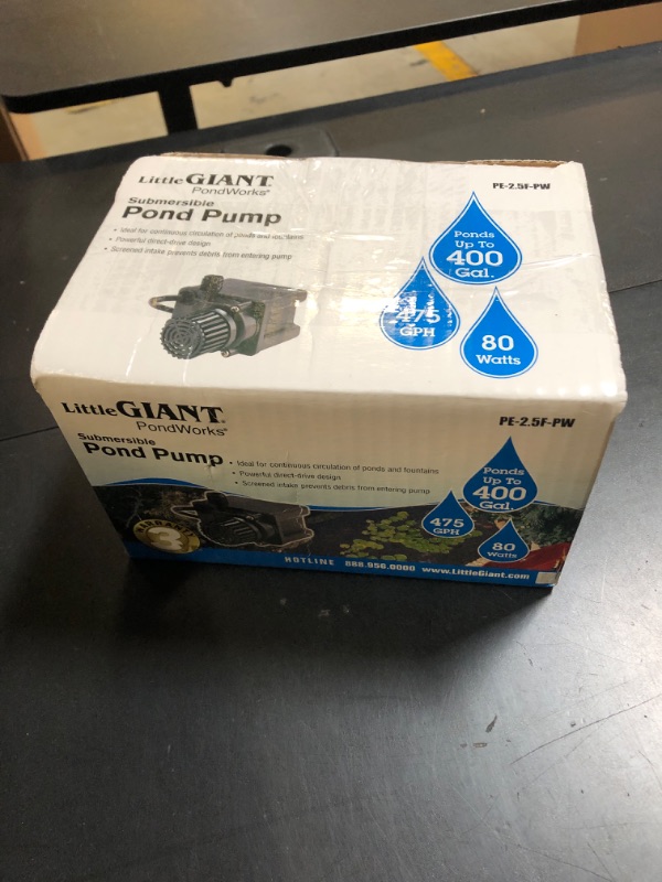 Photo 1 of Little Giant PE-2.5F-PW 115 Volt, 1/28 HP, 475 GPH Submersible Direct Drive Pump for Small Ponds or Fountain with 15-Ft. Cord, Black, 566612