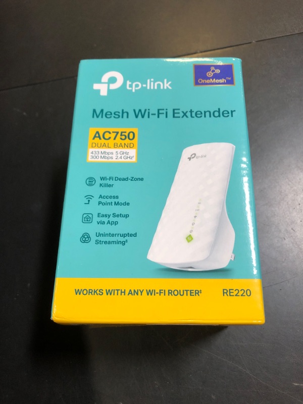 Photo 1 of TP-Link WiFi Extender with Ethernet Port, Dual Band 5GHz/2.4GHz , Up to 44% More Bandwidth than Single Band, Covers Up to 1200 Sq.ft and 30 Devices, Signal Booster Amplifier Supports OneMesh(RE220)