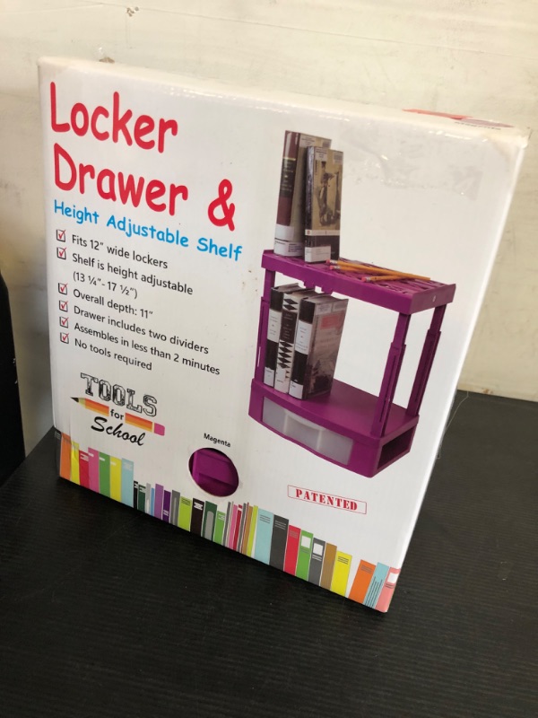 Photo 1 of Tools for School Locker Drawer and Height Adjustable Shelf. Includes Removable Drawer. Heavy Duty. Fits 12 Inch Wide Locker (Magenta, Single Drawer)