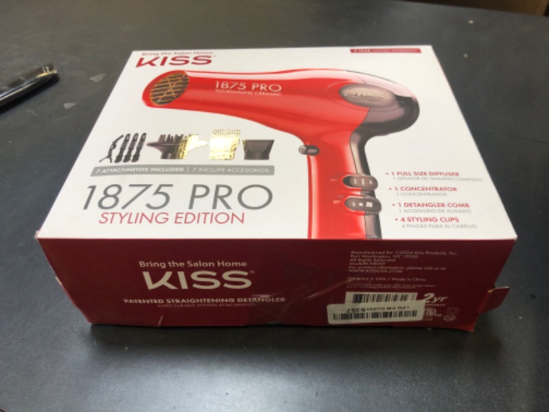 Photo 2 of KISS 1875 Watt Pro Tourmaline Ceramic Hair Dryer, 3 Heat Settings, 2 Speed Slide Switch, Cool Shot Button, 2 Detangler Combs, 1 Concentrator, 1 Diffuser, Removable Filter Cap & 4 Sectioning Clips