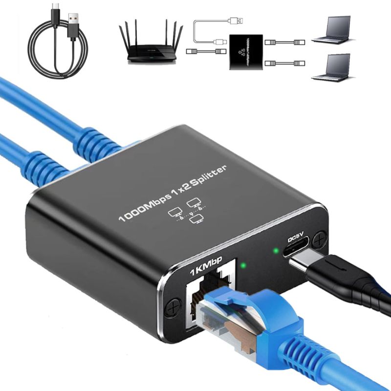 Photo 1 of Pushua Gigabit Ethernet Splitter 1 to 2 High Speed(2 Devices Simultaneously Networking), 1000Mbps Internet Splitter 1 in 2 out, LAN Splitter with USB Power Cable, RJ45 Splitter for Cat5/5e/6/7/8 Cable