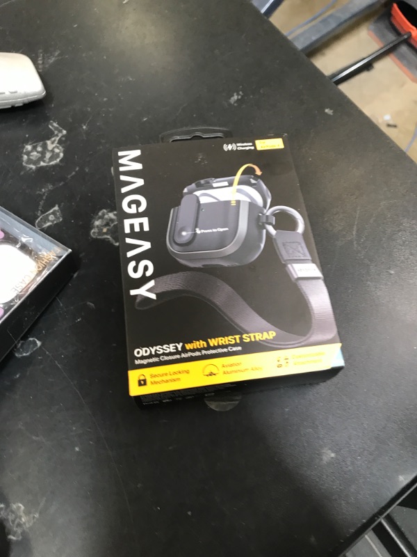 Photo 1 of MAGEASY Design for AirPods 4 Case Cover - Rugged AirPods 4 Case with Lock | Work with Cable & Wireless Charging (Only ANC Charge Wirelessly) | Include Carabiner & Wrist Strap - Odyssey, Metal Black