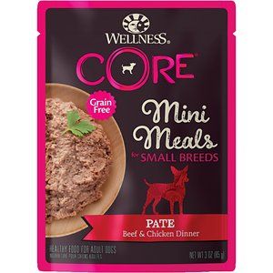 Photo 1 of Wellness CORE Natural Grain Free Small Breed Mini Meals Wet Dog Food Pate Beef & Chicken Dinner, 3-Ounce Pouch (Pack of 12) (BB 23JUN2025)