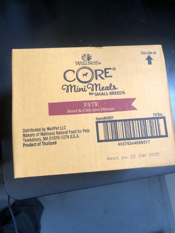Photo 1 of Wellness CORE Natural Grain Free Small Breed Mini Meals Wet Dog Food Pate Beef & Chicken Dinner, 3-Ounce Pouch (Pack of 12) (BB 23JUN2025)