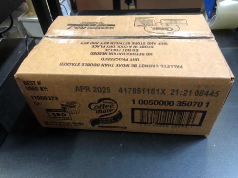 Photo 1 of Nestle Coffee mate Coffee Creamer, French Vanilla, Liquid Creamer Singles, Non Dairy, No Refrigeration, 0.375 fl oz Tubs (Pack of 180) (BB APR 2025)