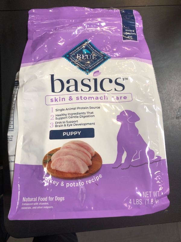 Photo 1 of Blue Buffalo Basics Puppy Dry Dog Food for Skin & Stomach Care, Limited Ingredient Diet, Made in the USA with Natural Ingredients, Turkey & Potato Recipe, 4-lb. Bag (BB 16MAR2025)