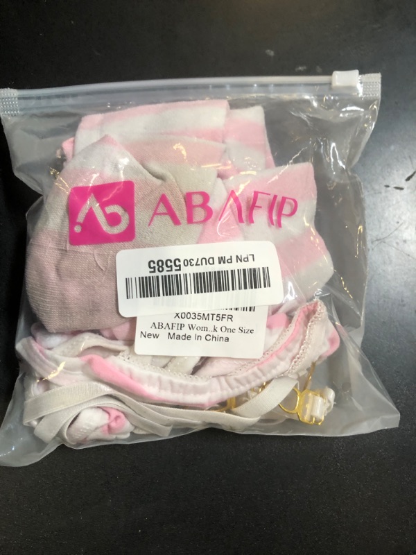Photo 1 of ABAFIP Women Cute Kawaii Anime Lingerie set Halter Strap Micro Bra Tiny Panty Garter Belt Striped Stockings 4Pcs Underwear Pink One Size