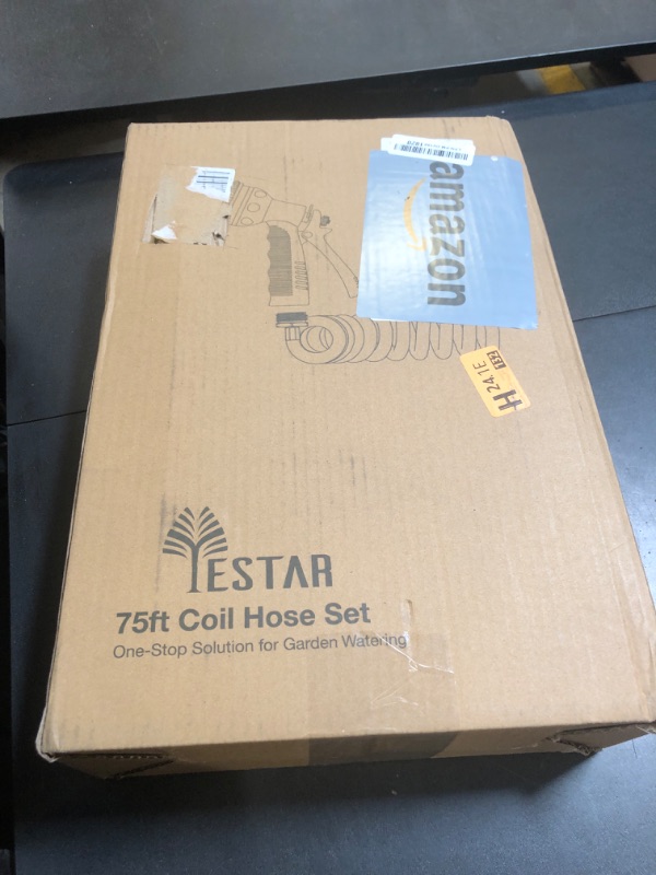 Photo 1 of Coil Hose 75FT EVA Coil Garden Hose With 3/4'' Brass Connector Coiled Water Hose Lightweight And No Kink Includes 7 Patterns Spray Nozzle For Outdoors Lawn Watering Car Washing