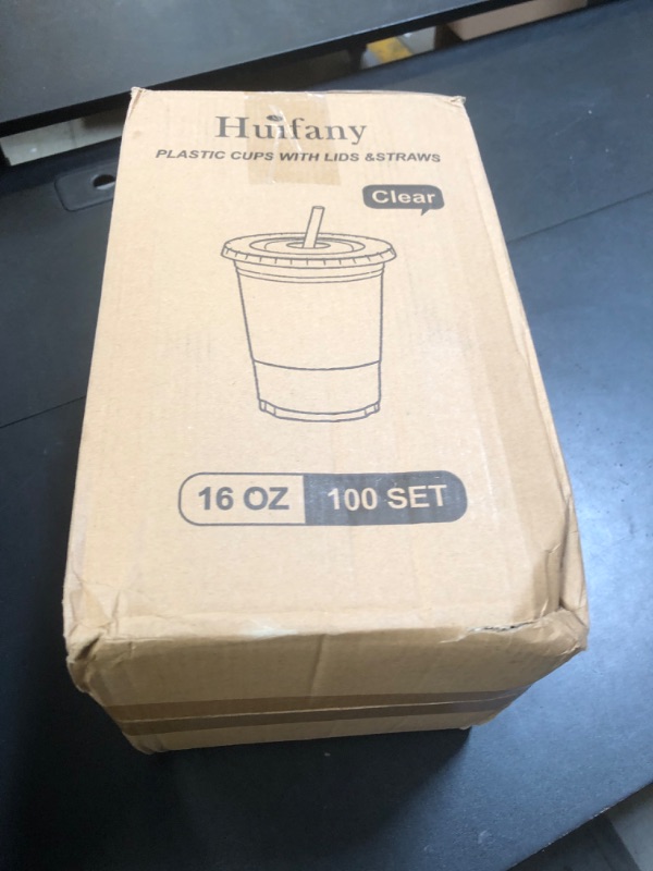 Photo 1 of Huifany 100 Pack 16 oz Disposable Plastic Cups with Lids and Straws, Clear Party Coffee Cups for Cold Beverages, Smoothies, Iced Coffee, and Leak-Proof, BPA-Free