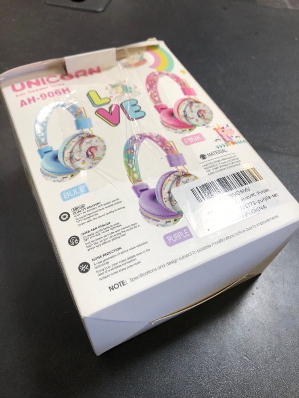 Photo 1 of QearFun Unicorn Bluetooth Headphones for Girls - with Microphone & 3.5mm Jack, Adjustable Headband for Kids Teens Toddlers, School iPad Tablet PC Smartphones Compatible (Purple)