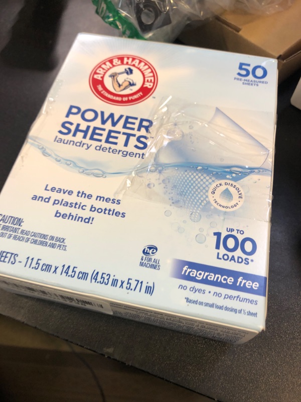 Photo 1 of ARM & HAMMER Power Sheets Laundry Detergent, Fragrance Free, Dermatologist Tested Concentrated Laundry Detergent Sheets, 50 Count, up to 100 Small Loads