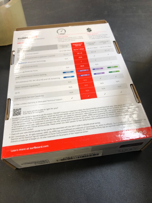 Photo 1 of ARRIS (SB6190) - Cable Modem - Fast DOCSIS 3.0 32x8 Gigabit Cable Modem, For Comcast Xfinity, Cox, Spectrum and more, 1 Gbps Port, 800 Mbps Max Internet Speed, 2 Year Warranty - White