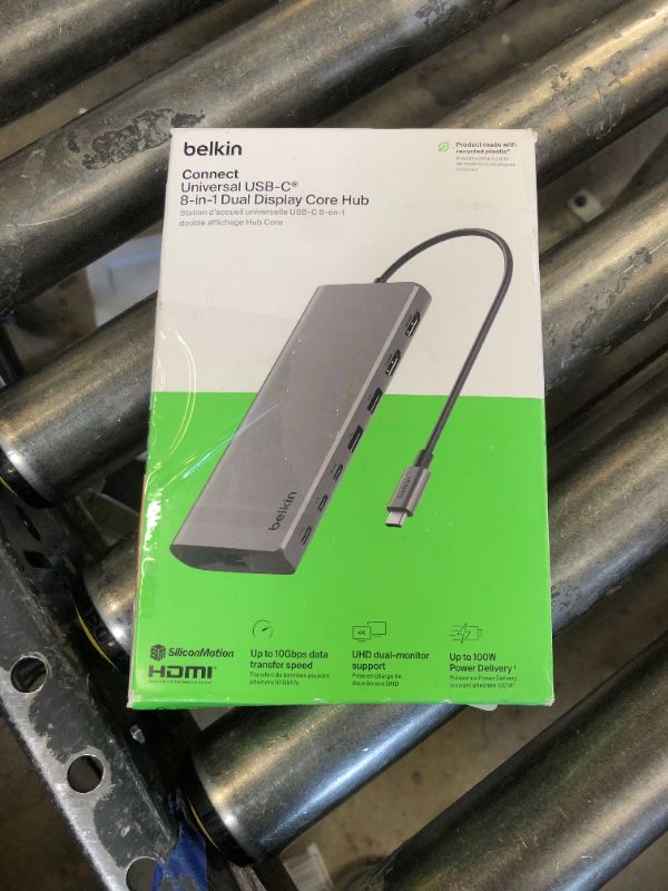 Photo 1 of Belkin Connect Universal USB-C 8-in-1 Dual Display Core Hub w/Silicon Motion Technology - Compatible with Mac, Windows, and Chromebook - 100W PD w/ 10Gbps Transfer Speeds & 1GbE Ethernet - Silver