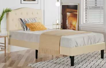Photo 1 of Bed Frame with Button, Beige Wood Frame Slat Support Easy Assembly - Twin Platform Bed Frame With Upholstered Headboard