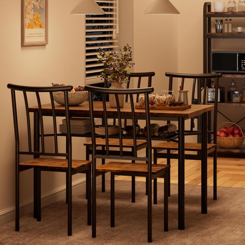 Photo 1 of GAOMON Dining Table Set for 4, Kitchen Table and Chairs for 4 with Wine Rack, Dining Room Table Set with 4 Chairs, Rectangular Kitchen Table Set for Small Space, Apartment, Rustic Brown
