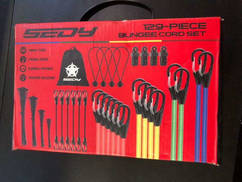 Photo 1 of 129-piece Bungee Cords with Hooks, 18", 20", 32", 40" Heavy Duty Outdoor Rubber Elastic Rope, 4 Canopy Tarps Clips, Small Bungees Rope with Ball, 100 Zip Ties, Mini Cords Carabiner Hook, Storage Bag