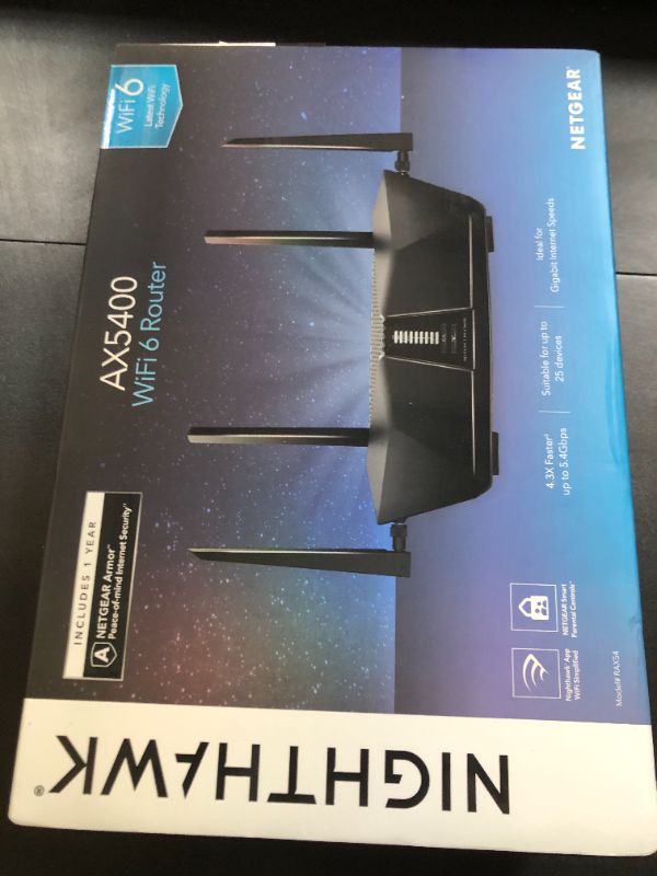 Photo 1 of NETGEAR Nighthawk 6-Stream Dual-Band WiFi 6 Router (RAX54S) – Security Features, AX5400 Wireless Speed, Up to 5.4 Gbps, Covers up to 2,500 sq. ft., 25 Devices - 1-Year Armor Subscription Included