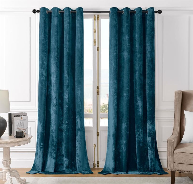 Photo 1 of SMILETIME Tranquil Blue Crushed Velvet Curtains 52x84 inch Luxurious Thermal Insulated Soundproof Drapes for Living Room Bedroom Office Soft and Durable Light-Filtering Window Treatments, 2 Panels